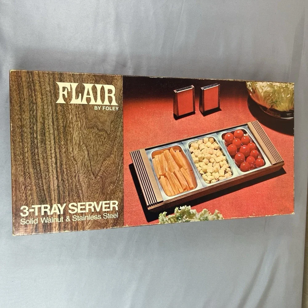 Vintage Foley Flair 3 Tray Server Solid Walnut Stainless Steel w/ Original Box